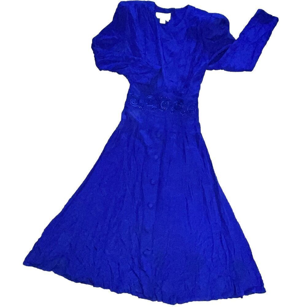 VTG 90s Karin Stevens Dress Blue Midi LS Embroidery Beads Secretary‎ Geek